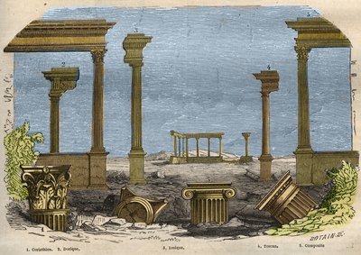 Los cinco órdenes de la arquitectura clásica (antigua): Corintio, Dórico, Jónico, Toscano y compuesto, cada uno representado por una columna. Grabado de 1857 en "Le Musee Des Sciences" de Unknown artist
