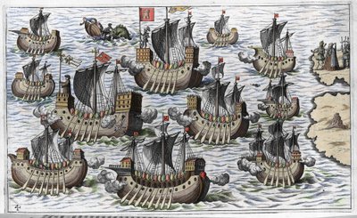 La flota de Cristóbal Colón para conquistar el nuevo mundo - en “Nova Tipus Transacto Navigatio Novi Orbi” por Philoponus Honorius de Unknown artist