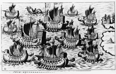 La flota de Cristóbal Colón para conquistar el nuevo mundo - en “Nova Tipus Transacto Navigatio Novi Orbi” por Philoponus Honorius de Unknown artist