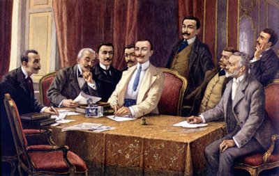 Los fundadores de Fiat por L. Delleani (1840 - 1908). Desde la izquierda (sentados): Conde Bisometti, Abogado Racca, Conde Bricherasso, Ceriana, Giovanni Agnelli, Abogado Scarfiotti, Ferrero y (de pie) Luigi Damevino y Abogado Goria Gatti. Sd. finales del  de Unknown artist