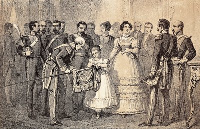 La futura Reina de España Isabel II (1830-1904) decorando la bandera de las Lanzas de la Guardia de la Orden de San Fernando. Litografía. de Unknown artist