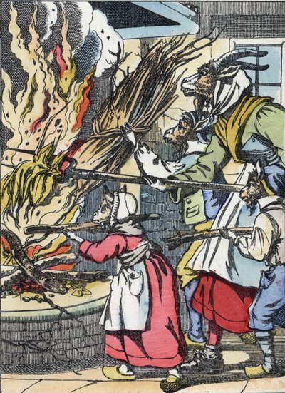 La cabra y los cabritillos encienden la chimenea. Ilustración del cuento “Compère le Loup, Maître Renard, Commère la Chèvre et ses petits biquets” después de una fábula de Jean de la Fontaine. En “Cuentos del hogar para los pequeños”. Grabado anónimo. de Unknown artist