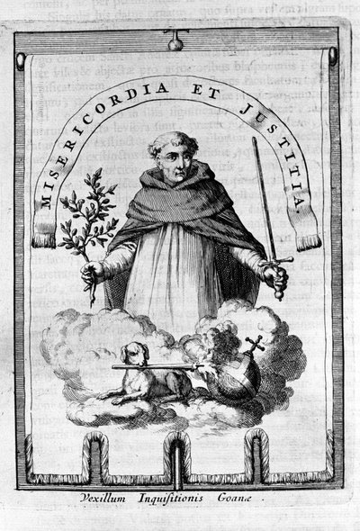 El gonfalón de la Inquisición en Goa, colonia portuguesa en India - Un representante dominicano lleva el emblema de la Inquisición: una espada y una rama de olivo, símbolo de castigo, pero también de paz y justicia de Unknown artist