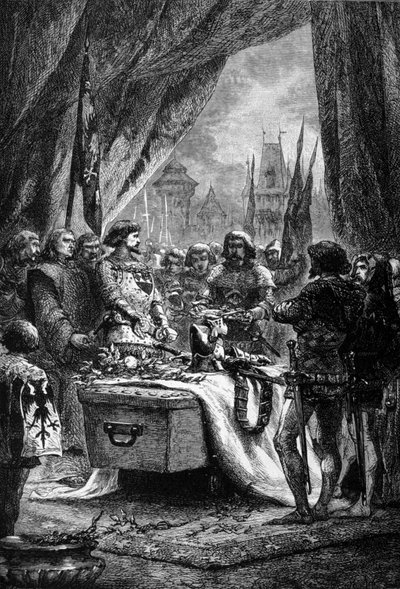 El gobernador colocó las llaves de Chateauneuf de Randon sobre el ataúd de Bertrand Du Guesclin (1320 - 1380), un hombre de guerra bretón y patriota francés contra los ingleses. Grabado del siglo XIX de Unknown artist