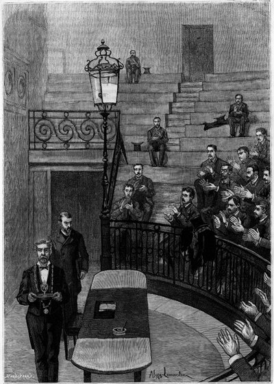 El gran anfiteatro de la Facultad de Medicina del Barrio Latino en París. Grabado en el diario "La juventud" de Unknown artist