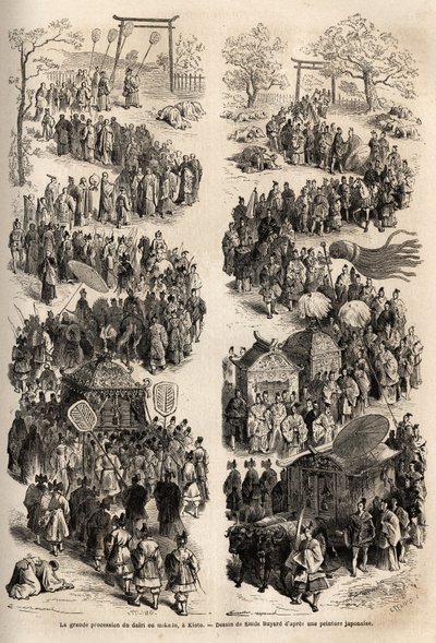 La gran procesión del Mikado (Emperador de Japón), en el dairi, el antiguo castillo imperial de Heian-kyo (actual Kioto) de 794 a 1869. Grabado para ilustrar el viaje a Japón en 1863-1864, por Aime Humbert, ministro de Suiza de Unknown artist