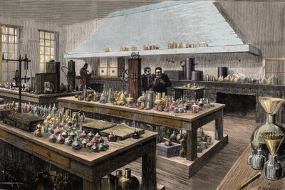 El gran laboratorio de Louis Pasteur (1822-1895), químico y biólogo francés, en la Ecole normale superieure - Louis Pasteur en su laboratorio en la Ecole normale superieure - Grabado por Meyer 1884 de Unknown artist