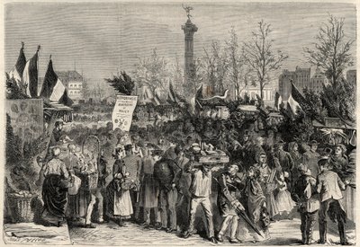 La feria del jamón, Boulevard Bourdon en el 4º distrito de París cerca de la Place de la Bastille. Un cartel anuncia carne de mújol (Hippophagia). Grabado en “The Universe illustrious”. de Unknown artist