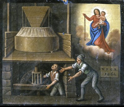 La mano de un joven trabajador atrapada en una muela. de Unknown artist