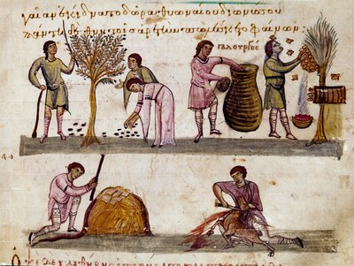 La cosecha de aceitunas, la producción de miel y el sacrificio de corderos de Unknown artist