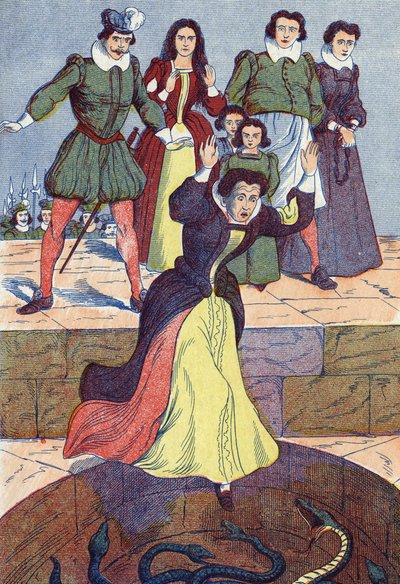 La horrible ogresa es arrojada al tanque. Ilustración anónima para "La bella durmiente", cuento de Charles Perrault (1628-1703), escritor francés. Imágenes Marcel Vagne, Jarville Nancy, sin fecha (finales del siglo XIX) de Unknown artist