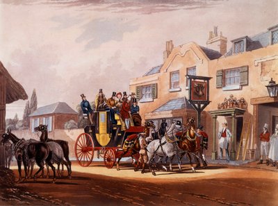 El relevo de caballos de una diligencia durante una parada en una posada de Unknown artist