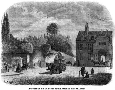 El hospital de la Pitié-Salpêtrière y el jardín de plantas en París en 1858. de Unknown artist
