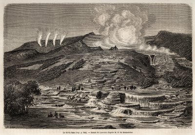 La fuente termal de Te Tarata, rodeada de terrazas superpuestas de sílice blanca, a la izquierda, cuatro géiseres y a la derecha, lago y cascada de Unknown artist