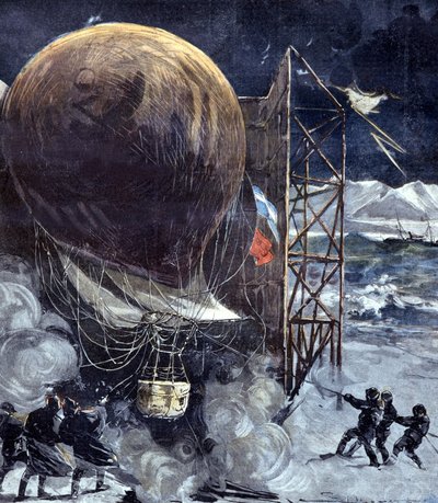 El globo de hidrógeno Örnen (Águila) del ingeniero sueco Solomon Andrée (1854 - 1897) durante una tormenta de nieve en una isla de Dinamarca, poco antes de la partida hacia el Polo Norte, una expedición que se perderá. 1897 de Unknown artist