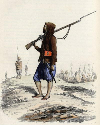 La infantería del Emir Abd-el-Kader resistiendo al ejército francés durante la expedición de Argel en 1830. En "L