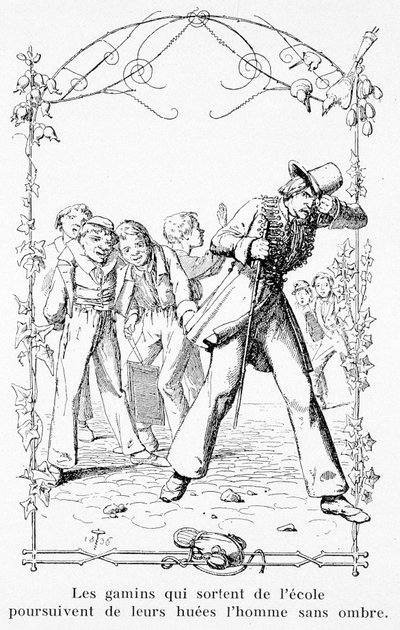 Los niños que salen de la escuela persiguen al hombre sin sombra - en “La maravillosa historia de Pierre Schlemihl” de Aldebert Von Chamisso de Unknown artist