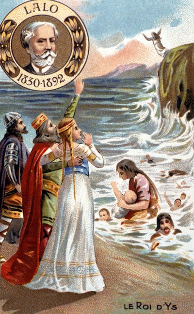 El rey de Ys, ciudad legendaria de Bretaña que habría sido sumergida por las olas en el siglo IV o V. Edouard Lalo (1823 - 1892), representado en la parte superior izquierda, compuso la ópera “Rey de Ys” (1888). Cromolitografía del siglo XIX. de Unknown artist