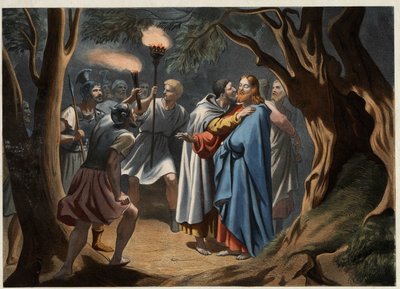 El beso de Judas en el Jardín de los Olivos. Grabado anónimo de mediados del siglo XIX de Unknown artist