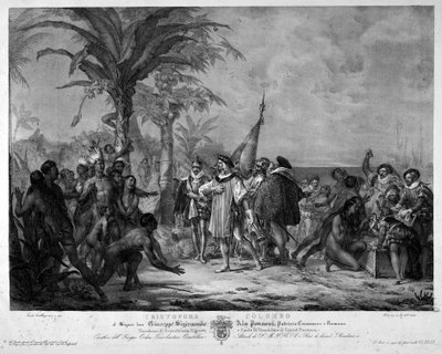El desembarco de Cristóbal Colón en San Salvador (Bahamas) el 12/10/1492. Grabado del siglo XIX de Unknown artist