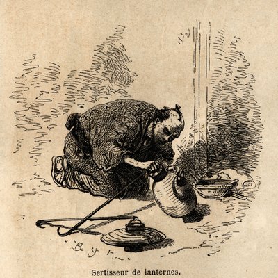 El ajustador de linternas, sin ningún instrumento más que una pinza, ajusta a las linternas de papel su marco de aros y ganchos de alambre. Grabado para ilustrar el viaje a Japón, por Aime Humbert, ministro de la Confederación Suiza, en 1863-1864, publicad de Unknown artist
