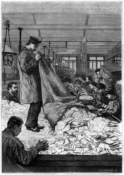 Las grandes mesas de cartas en los centros de clasificación del Hotel de Correos en la Rue du Louvre en París. Grabado en el diario “La jeunesse” de Unknown artist