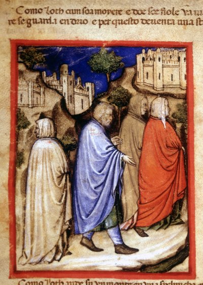 La huida de Lot y su esposa convertida en estatua de sal por mirar atrás. Miniatura del códice 212 (o codice padovano o Biblia de Padua) 1390-1400 Rovigo, Accademia dei Concordi de Unknown artist