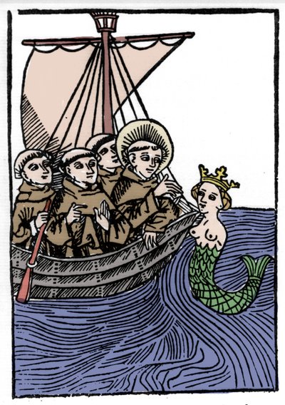 La leyenda de San Brandán, héroe y santo irlandés del siglo VI. El encuentro de San Brandán con la sirena. Grabado de “Die Wunderbare Meerfahrt des Hl. Brandan” Bale de Unknown artist