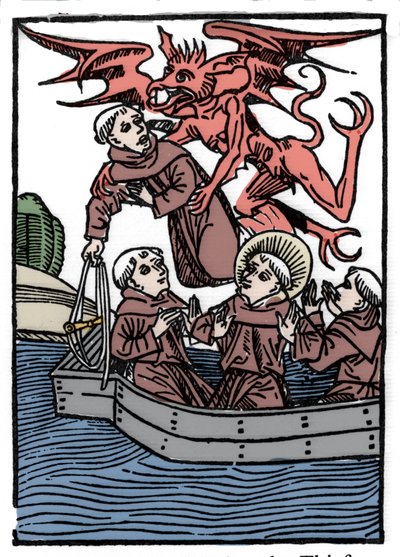 La leyenda de San Brandán, héroe y santo irlandés del siglo VI. El diablo se lleva al monje ladrón. Grabado de “Die Wunderbare Meerfahrt des Hl. Brandan” Bale de Unknown artist