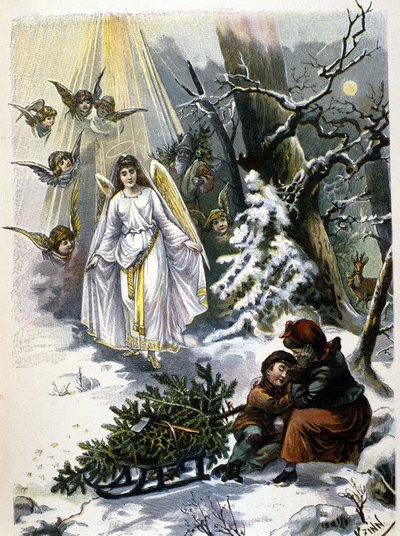 La leyenda del árbol de Navidad: aparición de un ángel. Ilustración del siglo XIX de Unknown artist