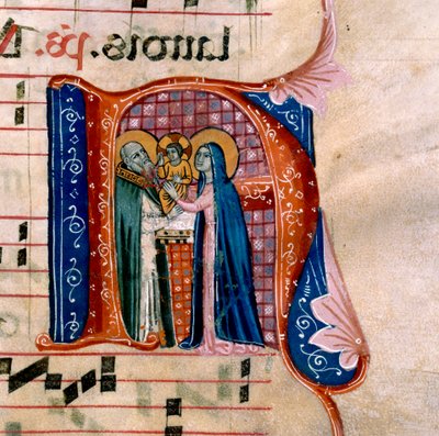 La letra "N" con una representación de la Presentación en el Templo: f.36v del Antifonario de Unknown artist