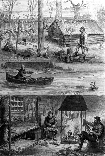 La vida de los tramperos (cazadores profesionales) en Canadá: en la parte superior, uno de los tramperos está cerca de su cabaña, en la parte inferior, trabajan el cuero y extraen la piel de los betabeles. Grabado del siglo XIX de Unknown artist