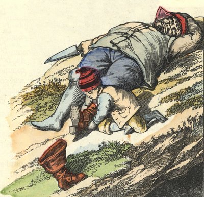 El pequeño Poucet roba las botas de 7 leguas del ogro dormido. Ilustración del cuento "Le Petit Poucet" de Charles Perrault de Unknown artist