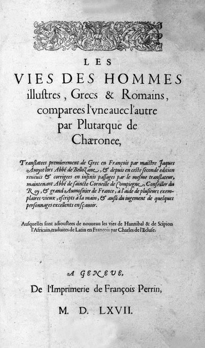Las vidas de hombres ilustres. Página del libro de Plutarco de Queronea, también llamado "Vidas Paralelas". Edición suiza de 1567 de Unknown artist