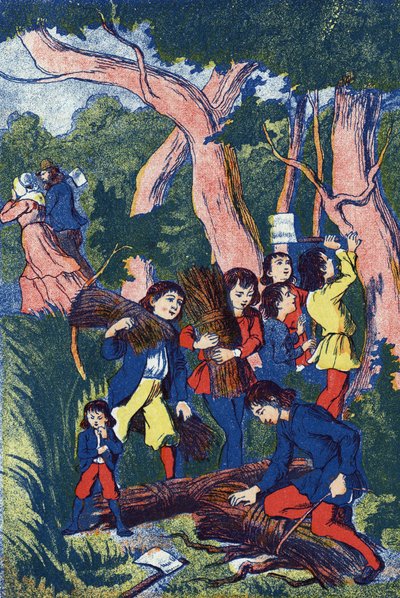 Los leñadores abandonan a sus hijos. Ilustración para "Pulgarcito", cuento de Charles Perrault (1628-1703), escritor francés. Ilustración anónima. Imágenes Marcel Vagne, Jarville Nancy, sin fecha (finales del siglo XIX) de Unknown artist