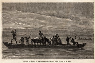 Las largas canoas de los Bambaras en el río Níger, maniobradas con largas pértigas, pueden transportar a varias personas e incluso ganado o caballos. Grabado para ilustrar el viaje al Sudán Occidental del Teniente (Marina) M.Mage, en 1863-1866, publicado e de Unknown artist