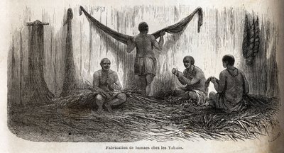 La fabricación de hamacas entre los indios Yahua de Perú, a partir de finos hilos de palma chambira trenzados. Grabado para ilustrar el viaje del Océano Pacífico al Océano Atlántico, a través de América del Sur, en 1848-1860 por Paul Marcoy, en “Le tour du de Unknown artist