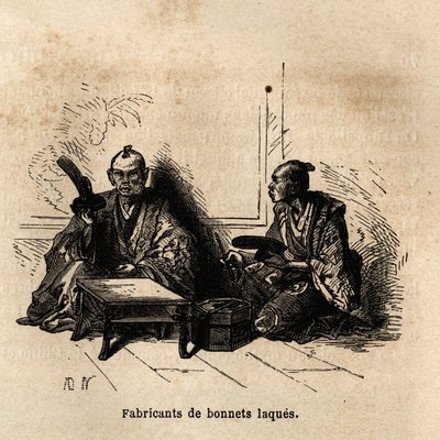 El fabricante de tazas lacadas. Grabado para ilustrar el viaje a Japón en 1863-1864, por Aime Humbert, ministro de la Confederación Suiza, en “Le tour du monde, nouveau journal des voyages”, publicado bajo la dirección de Edouard Charton de Unknown artist
