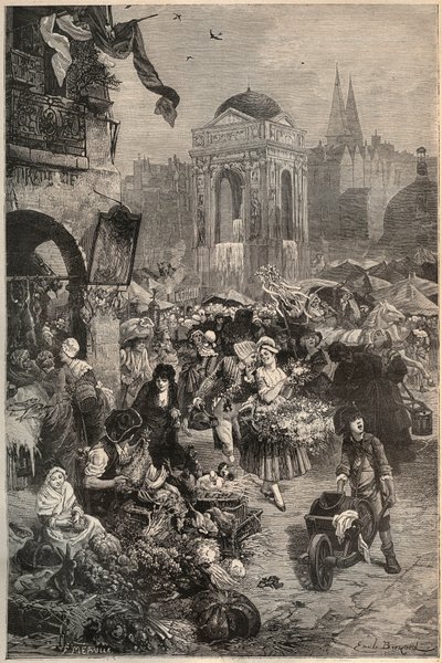 El mercado y la fuente de los Inocentes, París en el siglo XVIII - grabado del siglo XIX de Unknown artist