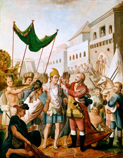 El encuentro entre Hernán Cortés o Fernando Cortés y Moctezuma en noviembre de 1519 de Unknown artist