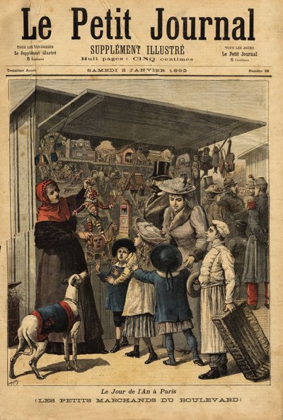 Los comerciantes y sus exhibiciones en el bulevar el día del año en París. Grabado en Le petit journal, 2/01/1892. Colección Selva de Unknown artist