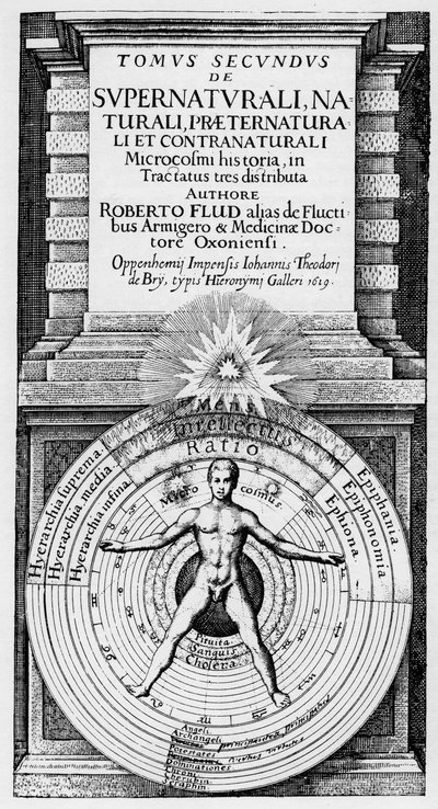 El microcosmos y el macrocosmos - Representación alegórica de la posición del hombre en el universo (hombre de Vitruvio): relación del hombre (microcosmos) con el Macrocosmos simbolizado por las esferas del Sol, la Luna y los planetas, diferentes temperame de Unknown artist