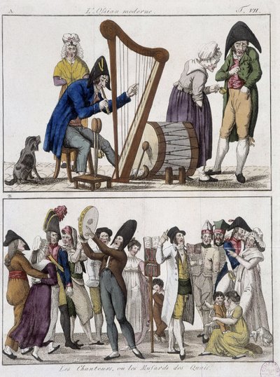 El moderno Ossian (hombre orquesta) y "Los cantantes o los musards de los muelles" (Músicos de las calles) - imagen de Epinal de Unknown artist