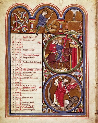 El mes de septiembre, trabajos agrícolas (cosechas, trilla del trigo con una flor), la fiesta de la exaltación de la cruz, San Jorge derrotando al dragón. Página de manuscrito de 