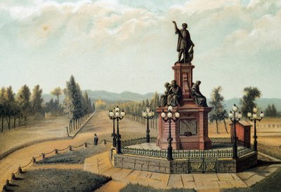 El monumento al navegante Cristóbal Colón (1451-1506) en el Paseo de la Reforma en Ciudad de México, México. Cromolitografía de 1885 de Unknown artist
