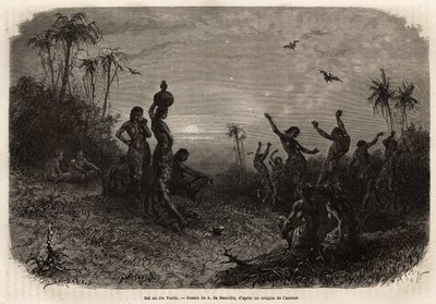 El baile a la luz de la luna, que cierra la ceremonia del 18 aniversario y la boda de un joven indio de Rio Verde (Brasil). Grabado para ilustrar el viaje a Nueva Granada, por el Dr. Saffray, en 1869, publicado en "Le tour du monde" 1873, editado por de Unknown artist