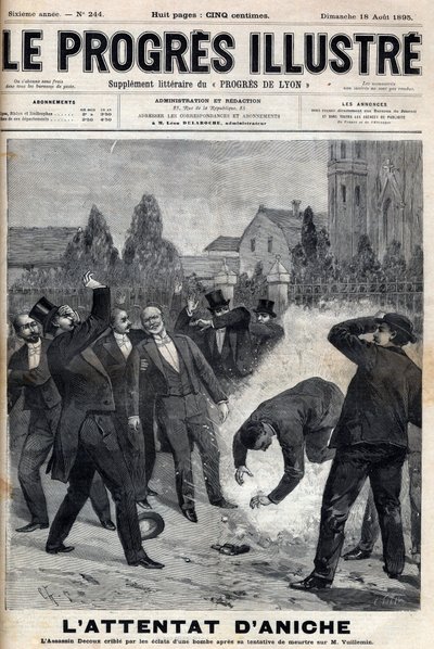 El asesino Clement Decoux es víctima de su intento de ataque a Emile Vuillemin (1822-?), director de las minas de Aniche, celebrando el día 4 de agosto de 1895, su quincuagésimo aniversario al frente de la producción de carbón - grabado en 