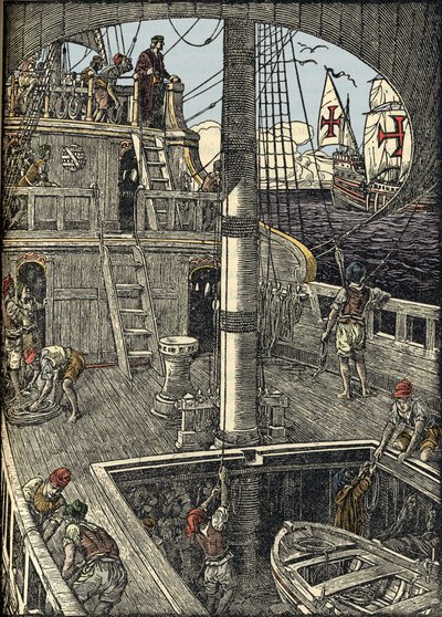 El navegante Cristóbal Colón (1451-1506) a bordo de su carabela. de Unknown artist