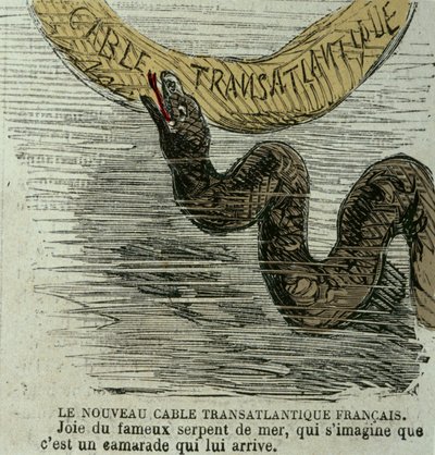 El nuevo cable transatlántico francés - Alegría de la famosa serpiente marina, que imagina que es un camarada que viene hacia él. Dibujo humorístico sobre la serpiente marina gigante y el cable transatlántico tendido en 1858. Grabado de la época. de Unknown artist