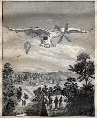 Los nuevos aerostatos: el pájaro de Clément Ader, el Eole, durante un experimento en el parque de Eugene Pereire cerca de París en 1891, habría volado 15 m sobre el suelo - Grabado en "La Science française" de Unknown artist
